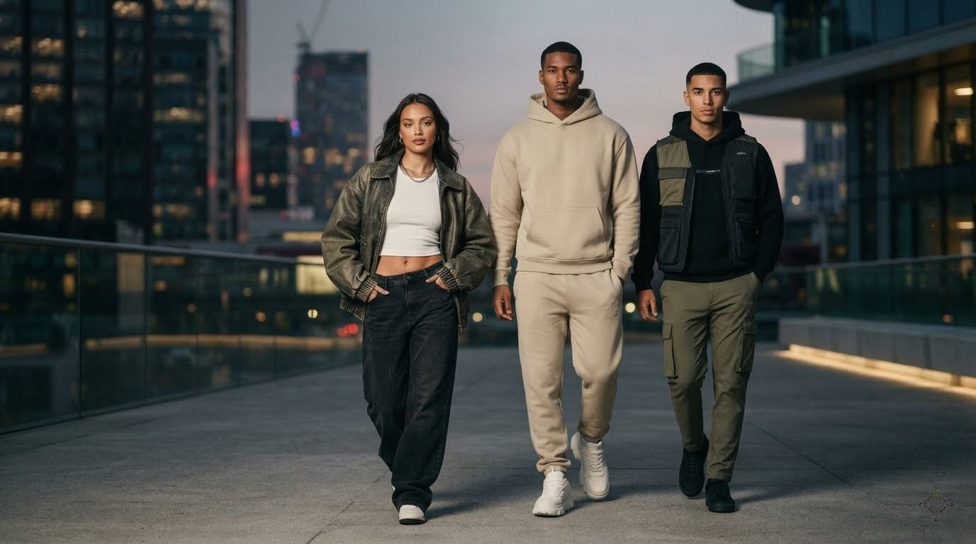 Three models walking together on a modern outdoor walkway at dusk, wearing matching streetwear sets in neutral tones.